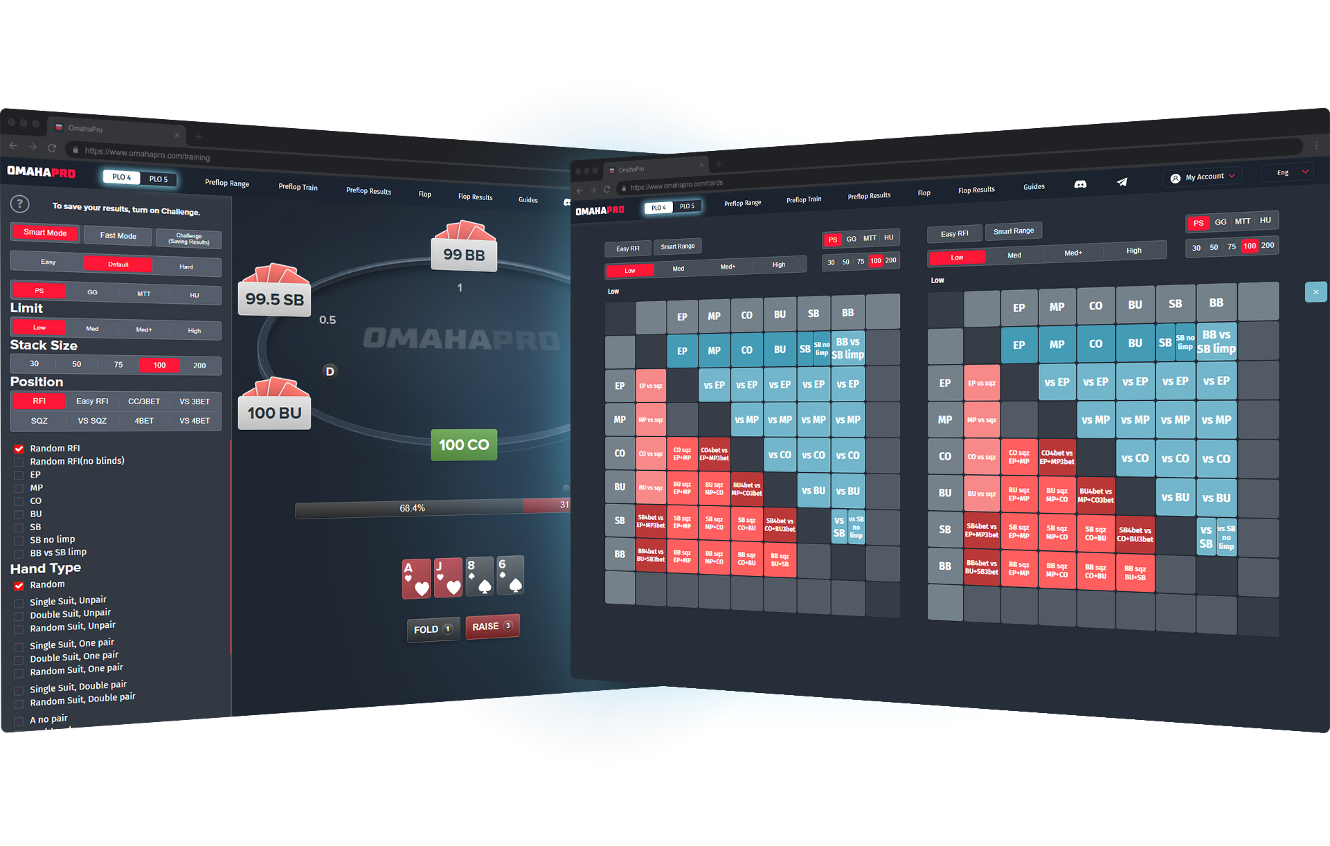 OmahaPro PLO 4: preflop range and training screens